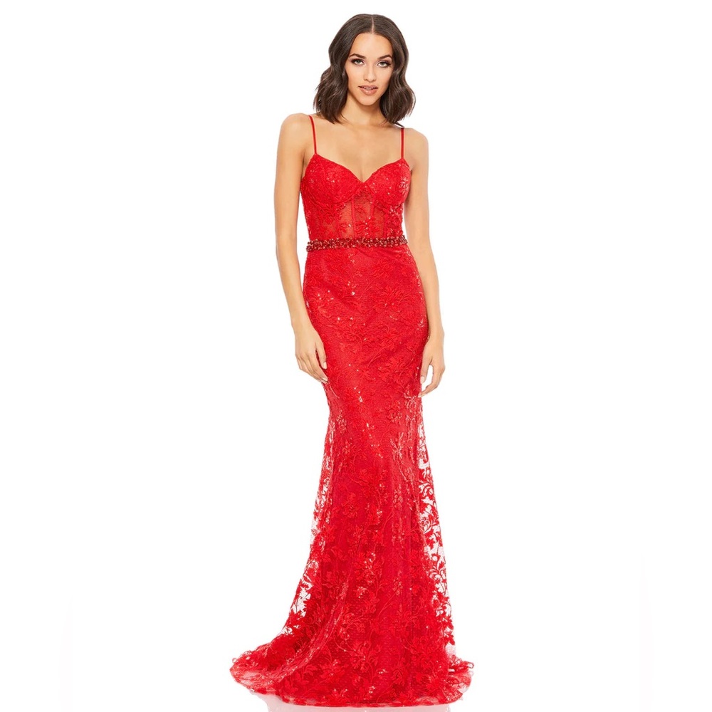 Mac Duggal EMBROIDERED ILLUSION BODICE SLEEVELESS TRUMPET GOWN